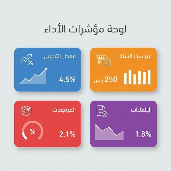 إدارة المتاجر الالكترونيه: دليل عملي للتشغيل اليومي وزيادة المبيعات لوحة مؤشرات توضح قياس الأداء في إدارة المتاجر الإلكترونية مثل التحويل والمرتجعات