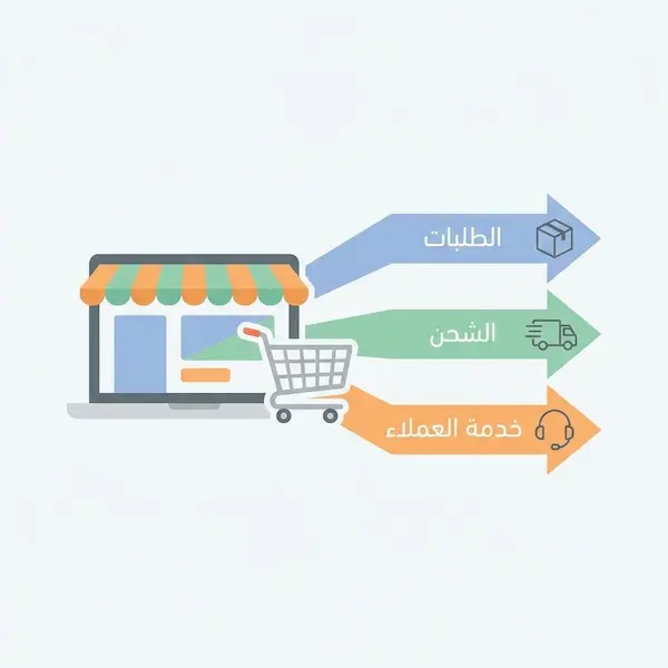 إدارة المتاجر الالكترونيه: دليل عملي للتشغيل اليومي وزيادة المبيعات مخطط مبسط يوضح إدارة المتاجر الالكترونيه من الطلب إلى الشحن وخدمة العملاء