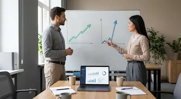 سيو المتاجر بالسعودية: خطوات سريعة لزيادة الزيارات والمبيعات فريق يناقش فرق النمو بين نتائج تدريجية وإعلانات سريعة على لوحة تحليلات