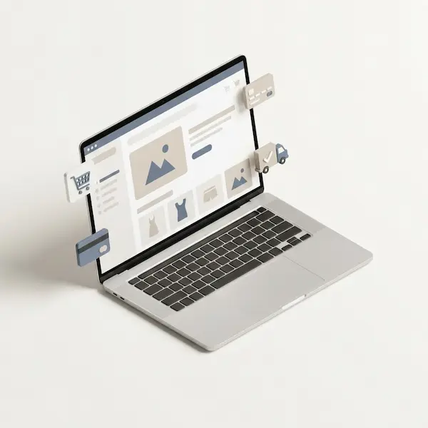 تصميم متجر إلكتروني احترافي: دليل عملي من الفكرة للإطلاق تصميم متجر إلكتروني احترافي على شاشة لابتوب مع عناصر الدفع والشحن