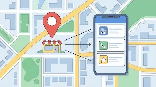 خدمات SEO وتحسين السرعة: فهرسة أفضل وتجربة هاتف أقوى خريطة مدينة مع دبوس موقع ونتائج بحث محلية على هاتف ذكي