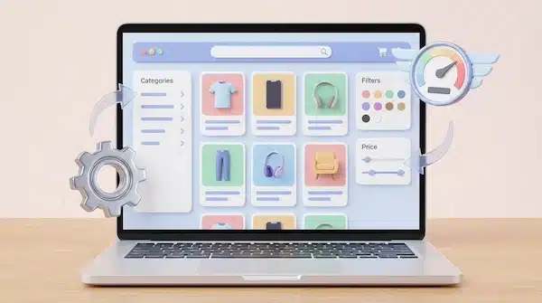 خدمات SEO وتحسين السرعة: فهرسة أفضل وتجربة هاتف أقوى لقطة توضيحية لمتجر إلكتروني مع هيكلة فئات ومنتجات وتحسينات سرعة