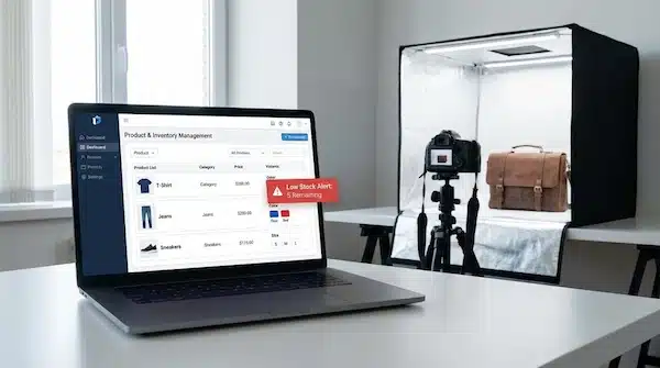 ادارة المتاجر الالكترونية في السعودية: دليل عملي شامل لوحة تحكم تعرض كتالوج منتجات منظم مع تنبيه انخفاض المخزون.