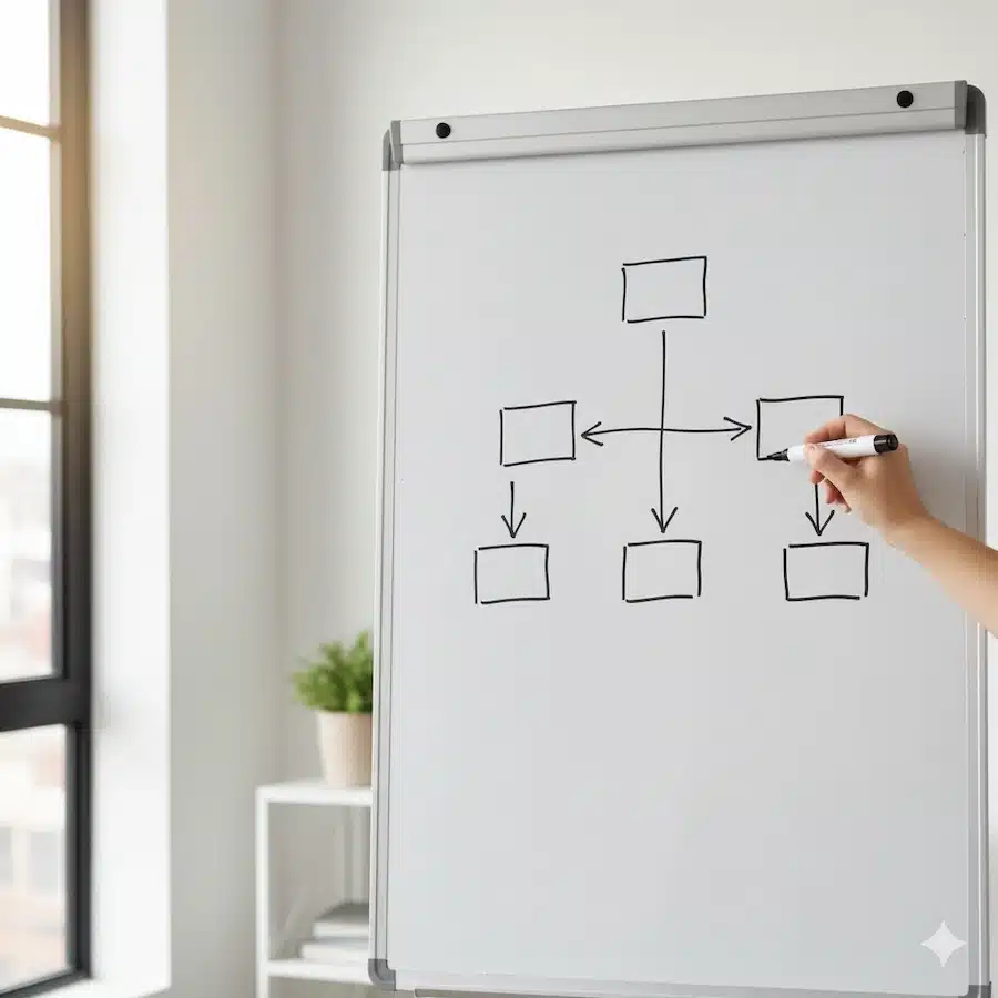 استضافة التجارة الإلكترونية: 9 معايير + شجرة قرار لاختيار الأنسب لمتجرك مخطط قرار بسيط على سبورة يوضح مسارات اختيار الاستضافة