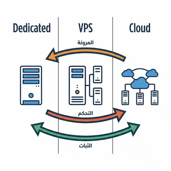 افضل استضافة مخصصة: دليل اختيار الخادم المناسب لموقعك مقارنة مرئية بين الاستضافة المخصصة وVPS والسحابة عبر أيقونات