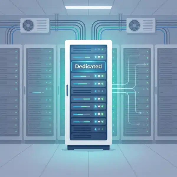 افضل استضافة مخصصة: دليل اختيار الخادم المناسب لموقعك خادم مخصص داخل مركز بيانات يوضح فكرة الاستضافة المخصصة.