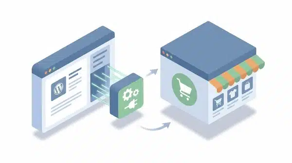 تصميم متاجر الكترونية ووردبريس | خطوات سريعة واحترافية رسم توضيحي يشرح تحويل موقع ووردبريس إلى متجر إلكتروني بإضافة ووكومرس.