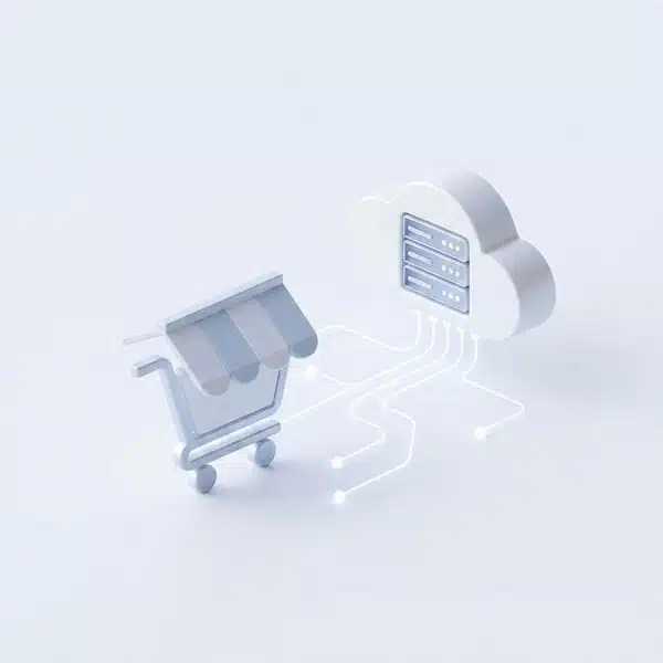 دليل اختيار استضافة متجر الكتروني سريعة وآمنة لزيادة المبيعات توضيح بصري لمفهوم استضافة متجر إلكتروني وربط المتجر بالخادم السحابي.