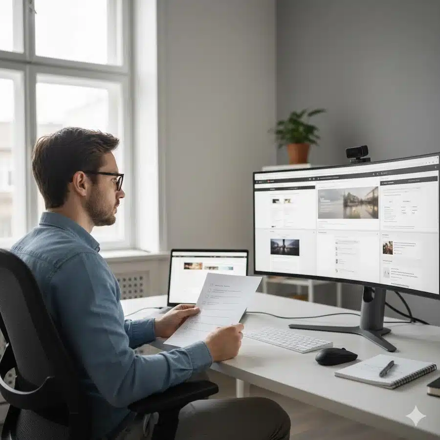 الجيست بوست (Guest Post): دليل عملي لبناء روابط واختيار مواقع النشر شخص يراجع مواقع على شاشة كمبيوتر مع قائمة تحقق لاختيار موقع مناسب للنشر