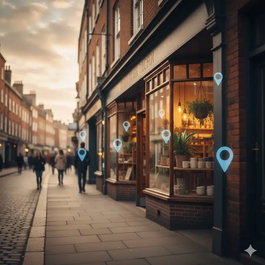 السيو المحلي: دليل عملي للظهور في خرائط جوجل وجذب العملاء القريبين واجهة محل محلي مع دبابيس خريطة تعبر عن البحث القريب
