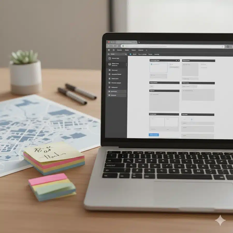 السيو المحلي: دليل عملي للظهور في خرائط جوجل وجذب العملاء القريبين شاشة لابتوب تظهر تخطيط صفحة خدمة محلية بشكل عام