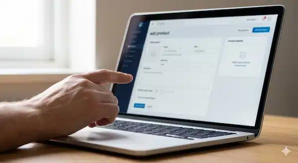 كيفية اضافة منتج في سلة: الخطوات + تهيئة صفحة المنتج للبيع شاشة لابتوب تعرض نموذج إضافة منتج في لوحة تحكم متجر إلكتروني بشكل غير مقروء