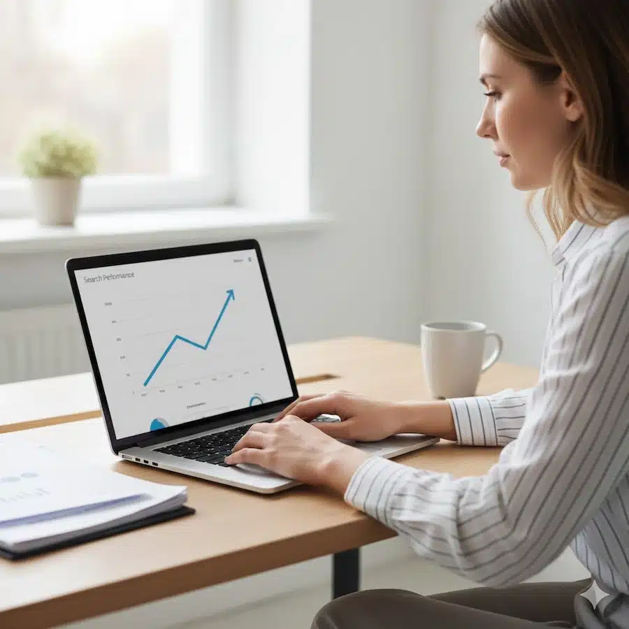 تصدر نتائج البحث: دليل عملي لرفع ترتيب موقعك بخطة SEO قابلة للتطبيق صاحب متجر يراجع أداء البحث على لابتوب مع مخطط نمو واضح