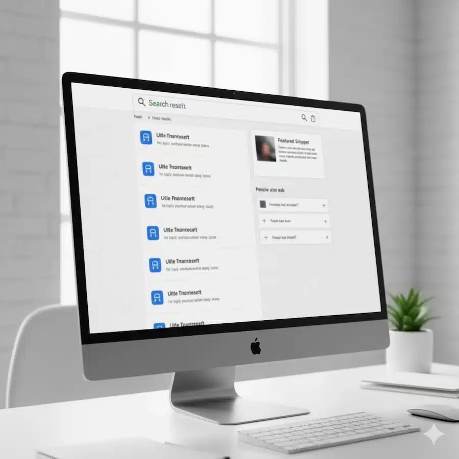 تصدر نتائج البحث: دليل عملي لرفع ترتيب موقعك بخطة SEO قابلة للتطبيق شاشة كمبيوتر تعرض صفحة نتائج بحث عامة مع صندوق مقتطف مميز وقسم أسئلة شائعة