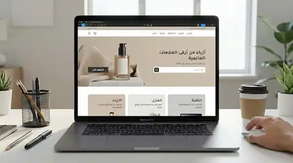 تصميم متجر احترافي يزيد الثقة ويُسهّل الشراء خطوة بخطوة مصمم يعمل على تصميم متجر احترافي مع صفحة رئيسية واضحة وزر شراء