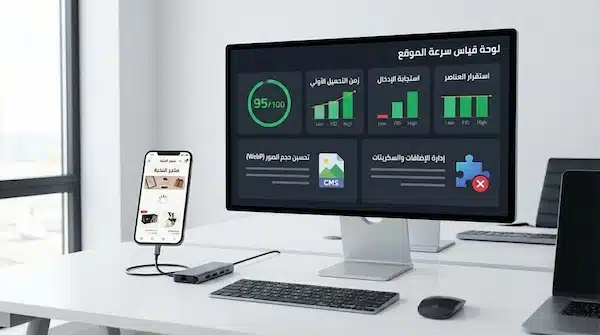 تصميم متجر احترافي يزيد الثقة ويُسهّل الشراء خطوة بخطوة لوحة أداء توضح تحسين سرعة متجر احترافي مع معاينة متجر على الموبايل