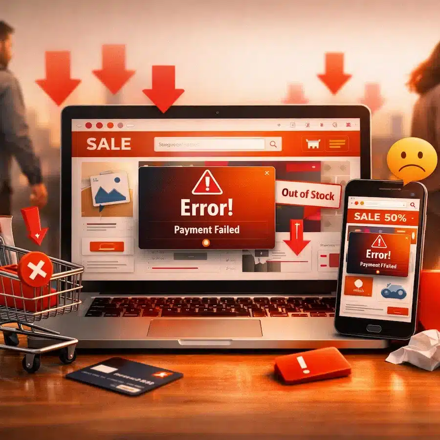 أخطاء المتاجر الإلكترونية الشائعة: 9 أخطاء تكلّفك عملاءك يومياً متجر إلكتروني يعاني من أخطاء مثل فشل الدفع وسلة مهجورة مع مغادرة العملاء وانخفاض المبيعات