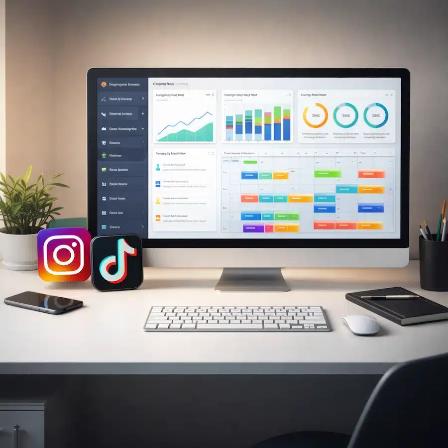 شاشة كمبيوتر تعرض لوحة تحكم سوشيال ميديا تحتوي على تحليلات وتقويم محتوى ومؤشرات أداء