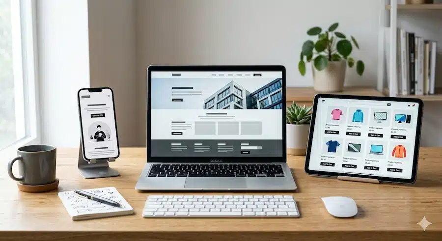 اسعار تصميم المواقع الالكترونية: كيف تفهم التكلفة وتحدد الميزانية المناسبة مقارنة بصرية بين صفحة هبوط وموقع شركة ومتجر إلكتروني على أجهزة مختلفة.