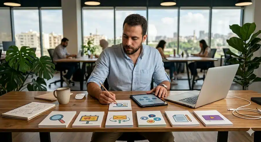 زيادة مبيعات المتجر الالكتروني: ربط النمو بالتحويل فعليًا مسؤول تسويق يخطط قنوات النمو المناسبة لمتجر إلكتروني حسب نية الشراء.