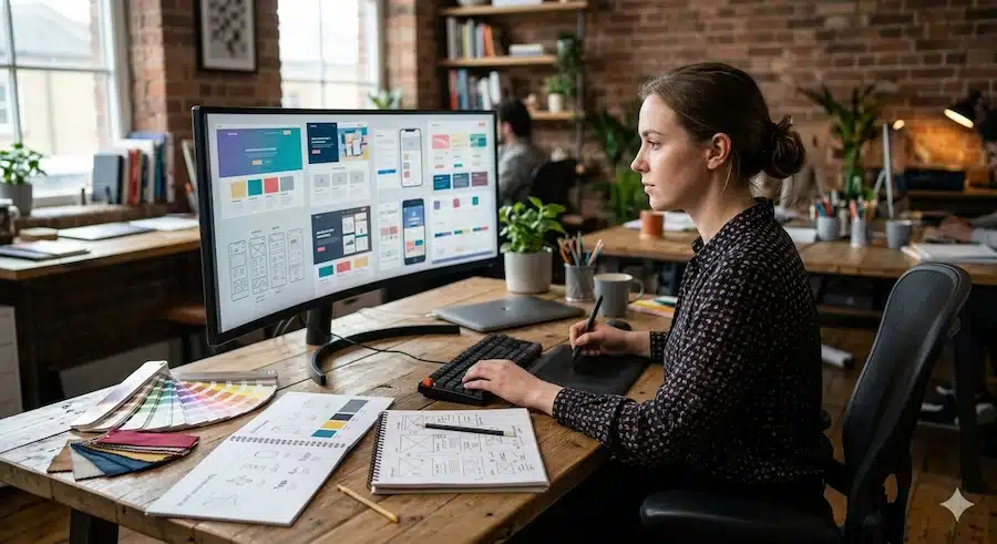 اسعار تصميم المواقع الالكترونية: كيف تفهم التكلفة وتحدد الميزانية المناسبة مصمم واجهات يعمل على تصميم موقع مخصص داخل استوديو إبداعي.