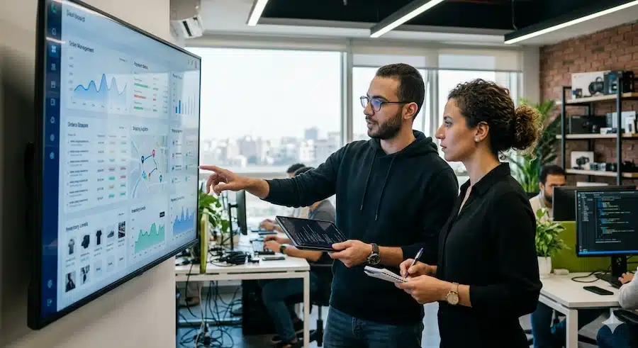 تكلفة إنشاء متجر إلكتروني السعودية: كيف تُبنى الميزانية من البداية إلى النمو فريق تقني يجهز عناصر تشغيل متجر إلكتروني مثل الدفع والشحن والمخزون.