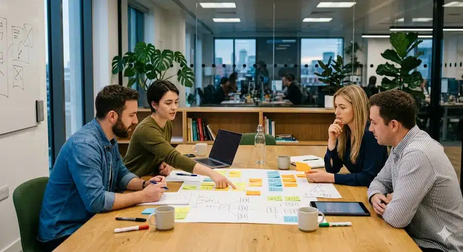 معنى سيو: شرح عملي لفهم SEO وأهميته وأنواعه فريق محتوى يخطط لتنظيم صفحة موقع بطريقة أوضح لمحركات البحث والمستخدم.