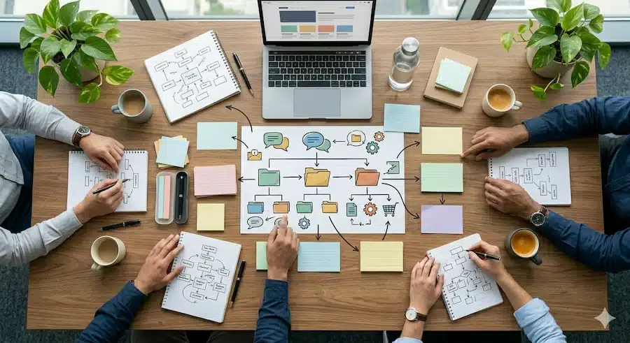 معنى سيو SEO: دليل شامل لفهم تحسين محركات البحث للمبتدئين فريق محتوى يخطط بنية صفحة أو مقال لتحسين ظهوره في محركات البحث