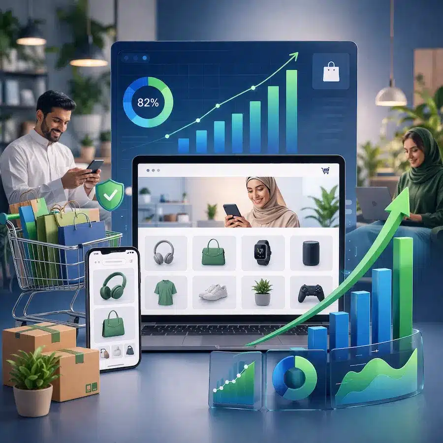 كيف أزيد مبيعات المتجر الإلكتروني؟ 12 استراتيجية مجرّبة بنتائج قابلة للقياس متجر إلكتروني حديث يعرض لوحة تحكم بارتفاع المبيعات ومعدل التحويل مع عملاء يستخدمون الهاتف واللابتوب