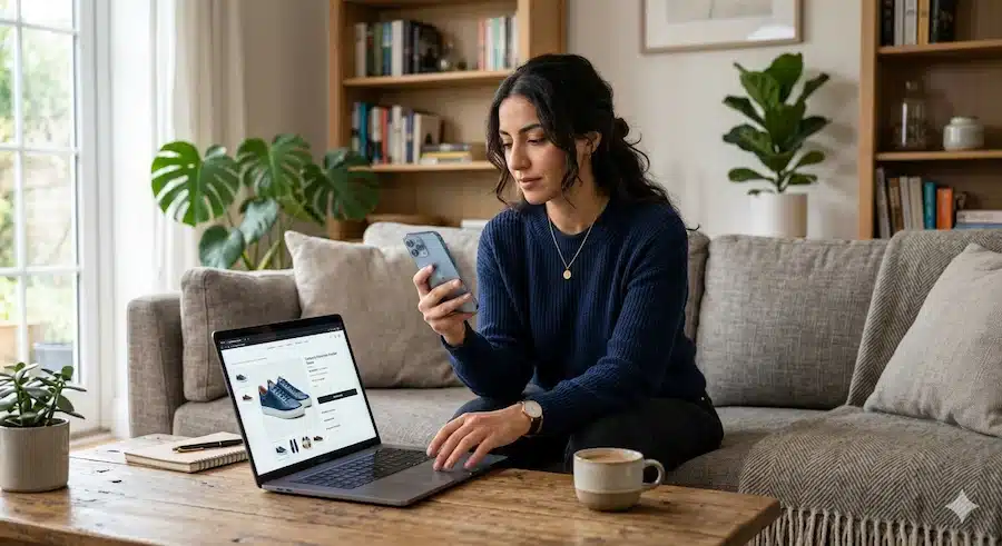 تكلفة إنشاء متجر إلكتروني السعودية: كيف تُبنى الميزانية من البداية إلى النمو متسوق يقيّم صفحة منتج على الهاتف والكمبيوتر قبل اتخاذ قرار الشراء.