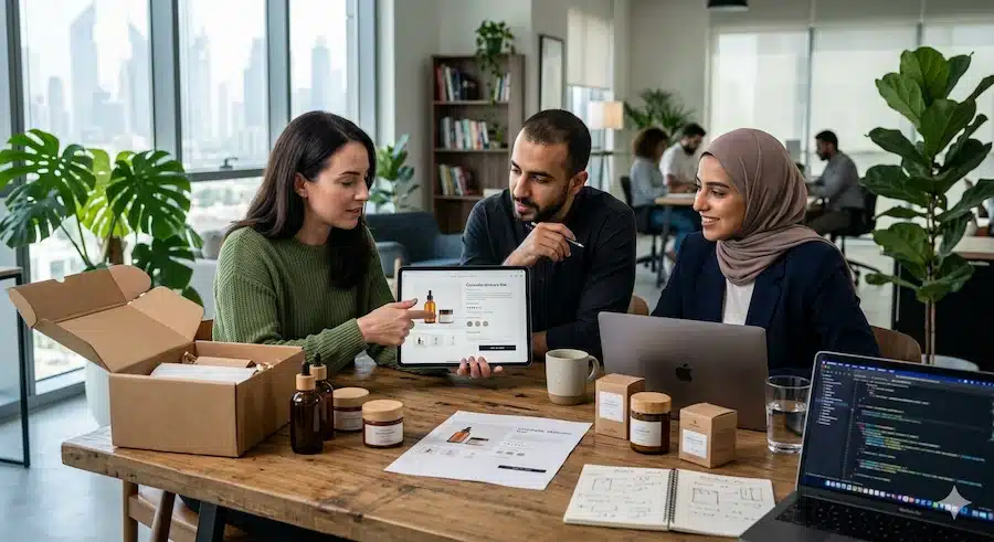 زيادة مبيعات المتجر الالكتروني: ربط النمو بالتحويل فعليًا فريق متجر إلكتروني يراجع صفحة منتج لتحسين العرض والإقناع قبل الشراء.