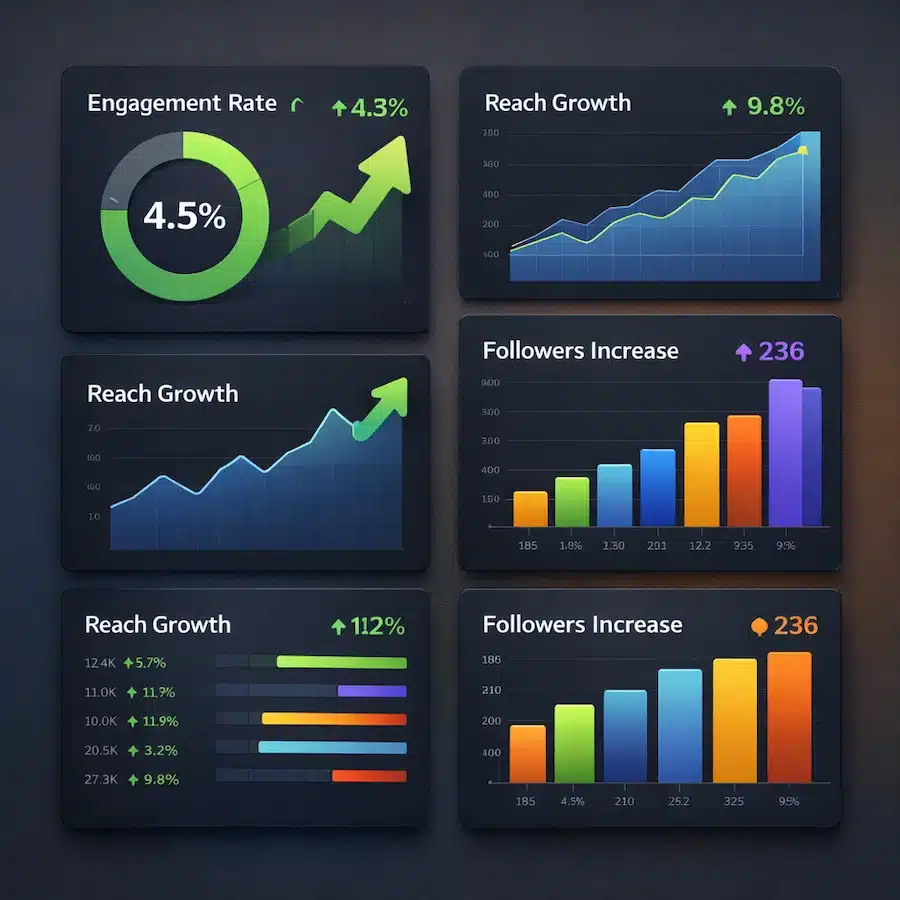 لوحة تحليلات تعرض معدل التفاعل ونمو الوصول وزيادة المتابعين مع رسوم بيانية
