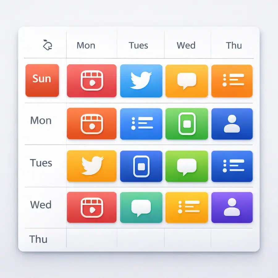 انفوجرافيك يعرض تقويم محتوى أسبوعي لمنصات التواصل مع أنواع مختلفة من المنشورات
