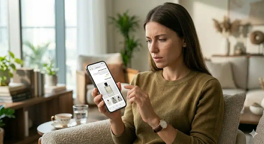 عميلة تتصفح صفحة منتج من هاتفها وتتخذ قرار الشراء بعد مراجعة التفاصيل