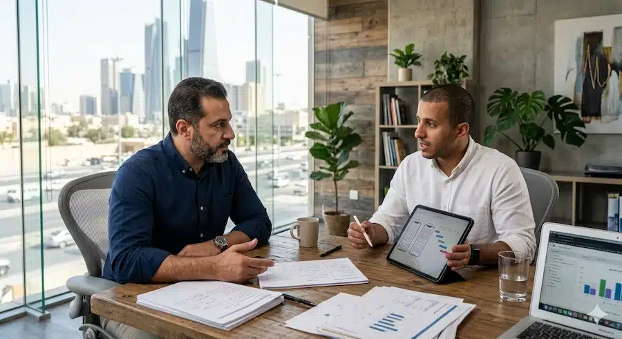 اسعار تصميم المواقع الالكترونية: كيف تفهم التكلفة وتحدد الميزانية المناسبة صاحب شركة يناقش تكلفة تصميم موقعه مع مستشار رقمي داخل اجتماع عمل.