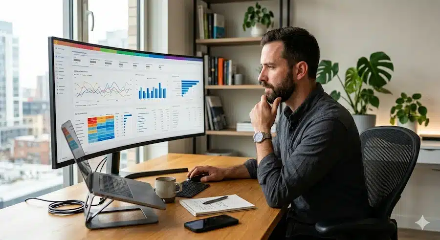 معنى سيو: شرح عملي لفهم SEO وأهميته وأنواعه مدير تسويق يحلل ظهور موقعه في نتائج البحث من مكتبه.