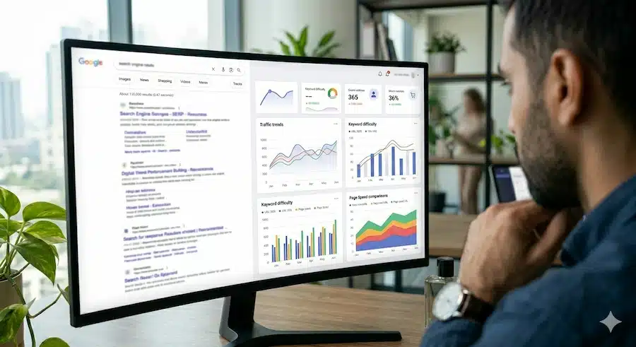 معنى سيو SEO: دليل شامل لفهم تحسين محركات البحث للمبتدئين مسوّق رقمي يراجع أداء موقعه وظهوره في نتائج البحث من خلف الشاشة