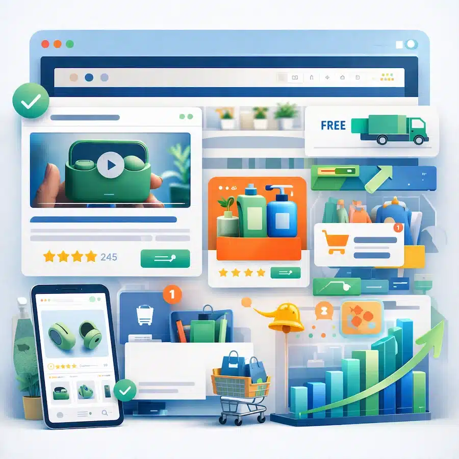 كيف أزيد مبيعات المتجر الإلكتروني؟ 12 استراتيجية مجرّبة بنتائج قابلة للقياس واجهة متجر إلكتروني محسنة تحتوي على صفحة منتج مع تقييمات وفيديو وعروض شحن مجاني وتنبيهات سلة التسوق