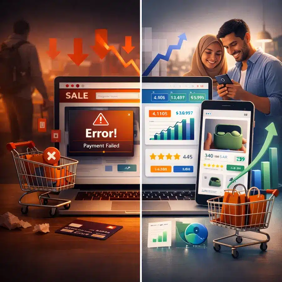 كيف أزيد مبيعات المتجر الإلكتروني؟ 12 استراتيجية مجرّبة بنتائج قابلة للقياس مقارنة بين متجر إلكتروني ضعيف بخسارة عملاء وآخر ناجح بزيادة المبيعات وتجربة مستخدم محسنة