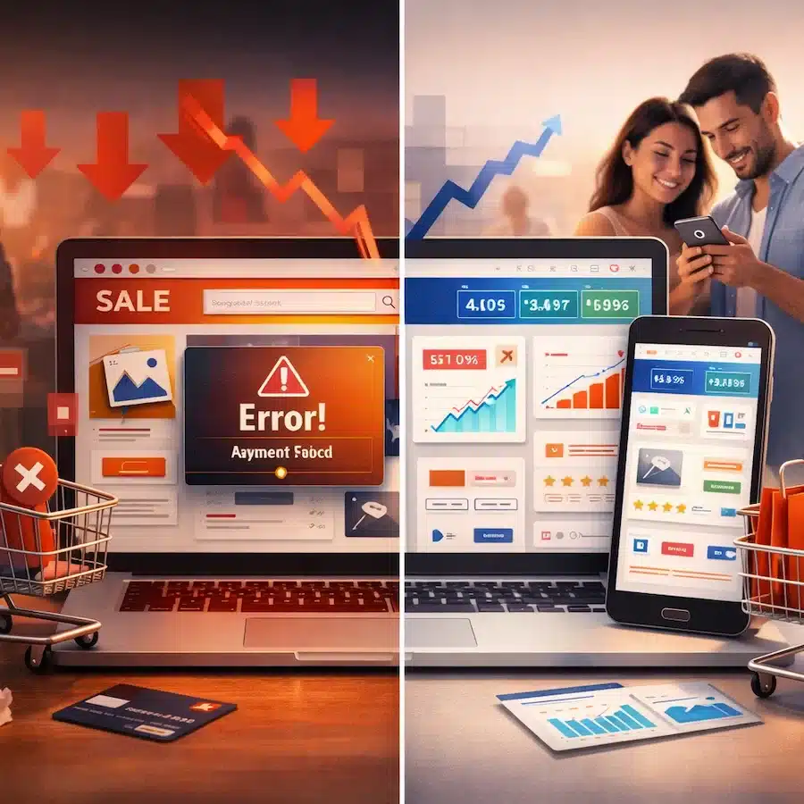 أخطاء المتاجر الإلكترونية الشائعة: 9 أخطاء تكلّفك عملاءك يومياً مقارنة بين متجر إلكتروني سيء يفقد العملاء وآخر ناجح يزيد المبيعات ويقدم تجربة مستخدم ممتازة