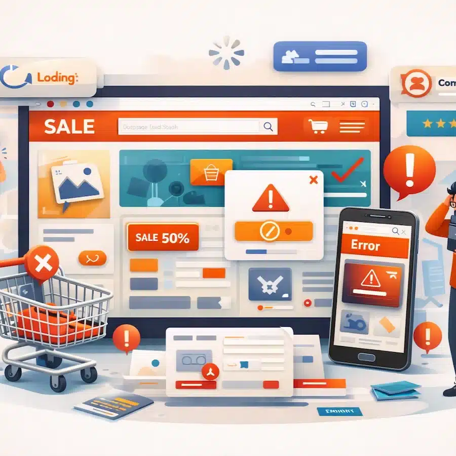 أخطاء المتاجر الإلكترونية الشائعة: 9 أخطاء تكلّفك عملاءك يومياً واجهة متجر إلكتروني تحتوي على بطء تحميل ونوافذ منبثقة مزعجة وتصميم سيء يؤدي إلى خروج العملاء