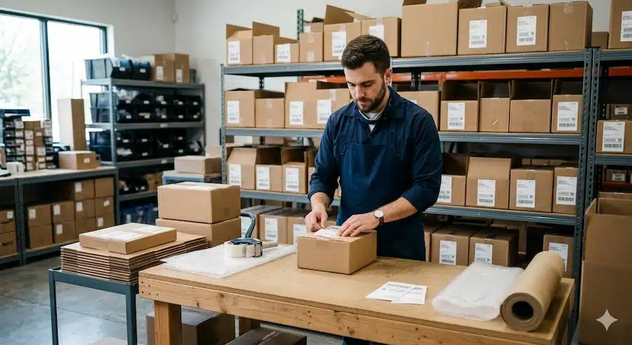 زيادة مبيعات المتجر الالكتروني: ربط النمو بالتحويل فعليًا موظف متجر إلكتروني يجهز طلبًا للشحن داخل منطقة تجهيز منظمة.