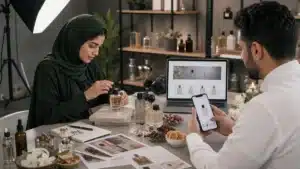 مشهد واقعي مرتبط بموضوع تسويق متاجر العطور إلكترونيًا: محتوى وتجربة تساعد العميل على الاختيار من نسر المتاجر