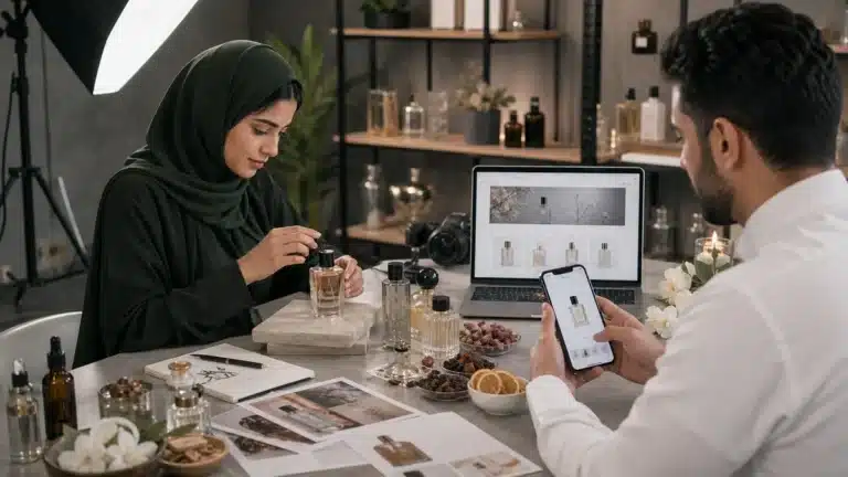 مشهد واقعي مرتبط بموضوع تسويق متاجر العطور إلكترونيًا: محتوى وتجربة تساعد العميل على الاختيار من نسر المتاجر