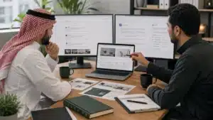 مشهد واقعي مرتبط بموضوع خدمات الظهور في الذكاء الاصطناعي للشركات: مراجعة الكيان والإجابات من نسر المتاجر