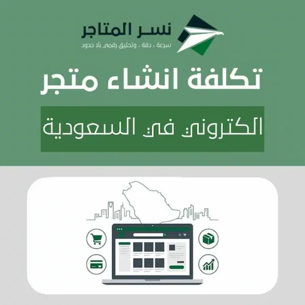 صورة توضيحية لواجهة متجر إلكتروني مع رموز الدفع والشحن وخريطة السعودية بعنوان تكلفة انشاء متجر الكتروني السعودية.
